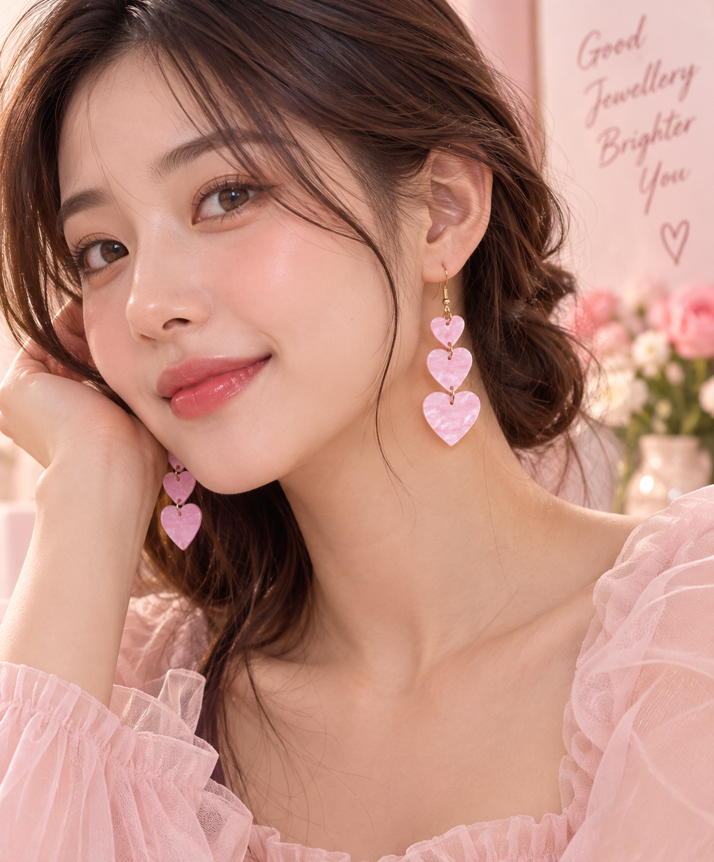Pink Heart Korean Style Drop Earrings