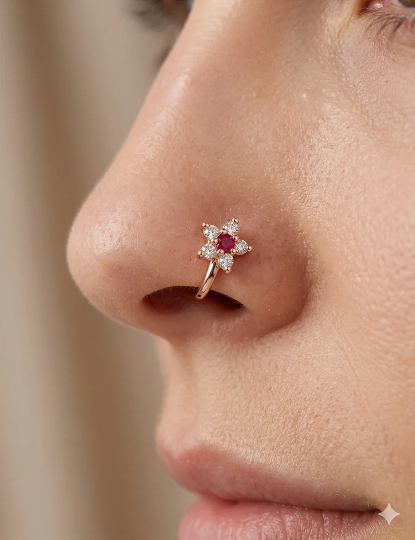 Rose Gold Ruby Bloom CZ Anti-Tarnish Nose Pin