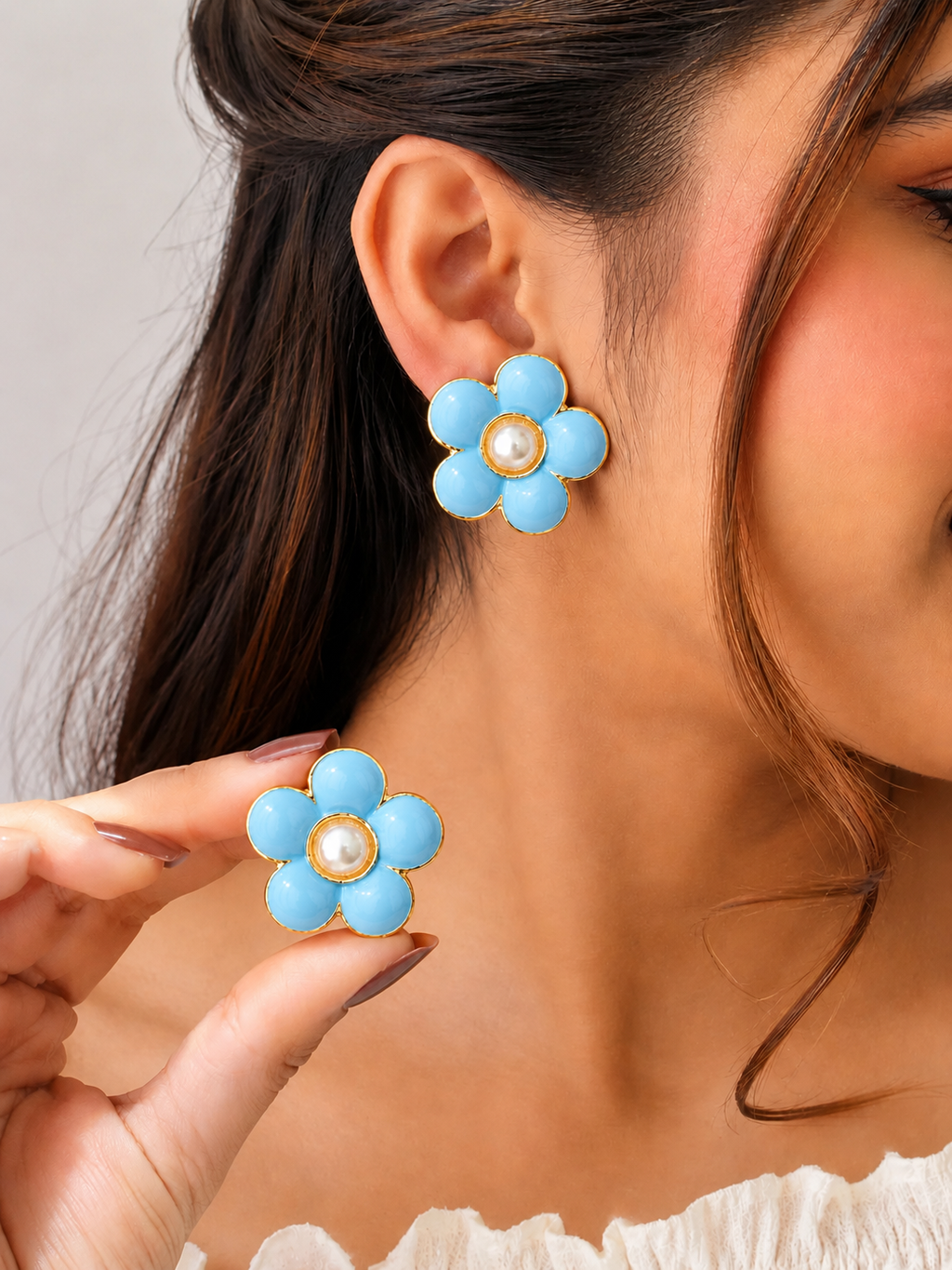 Crimson Bloom sky-blue Enamel Pearl Flower Stud Earrings