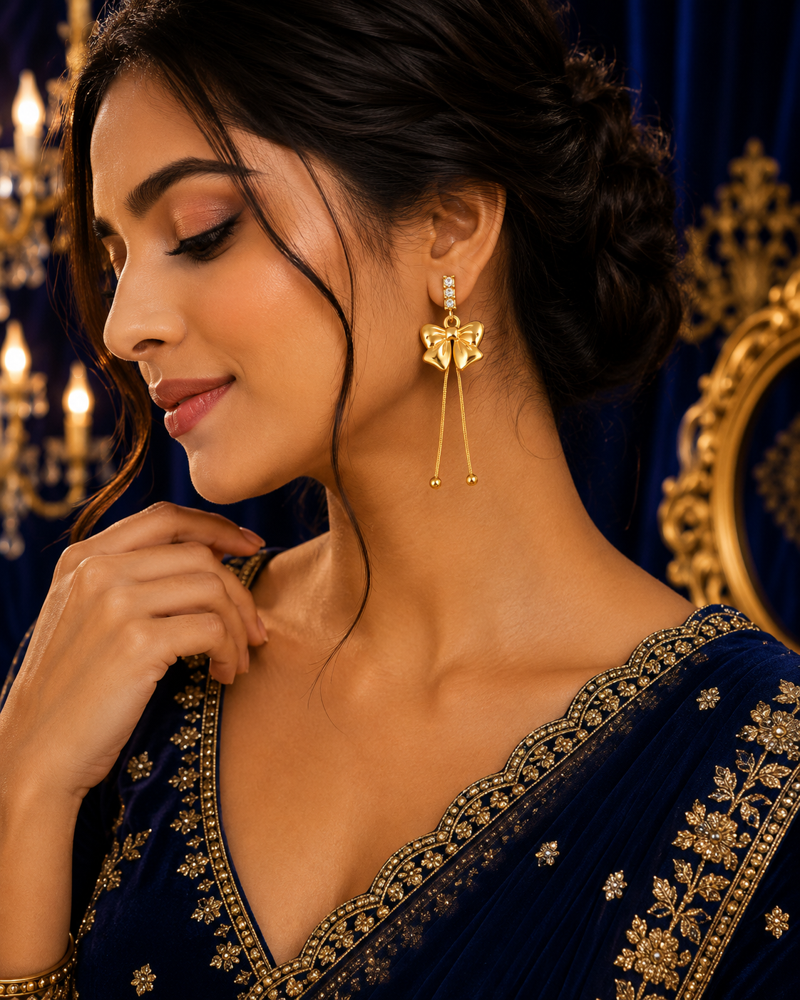 22K Gold Plated Anti-Tarnish Bow Drop Earrings with Crystal Detailing