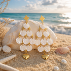 18K Gold Plated Anti-Tarnish Shell Chandelier Earrings with Heart Charm