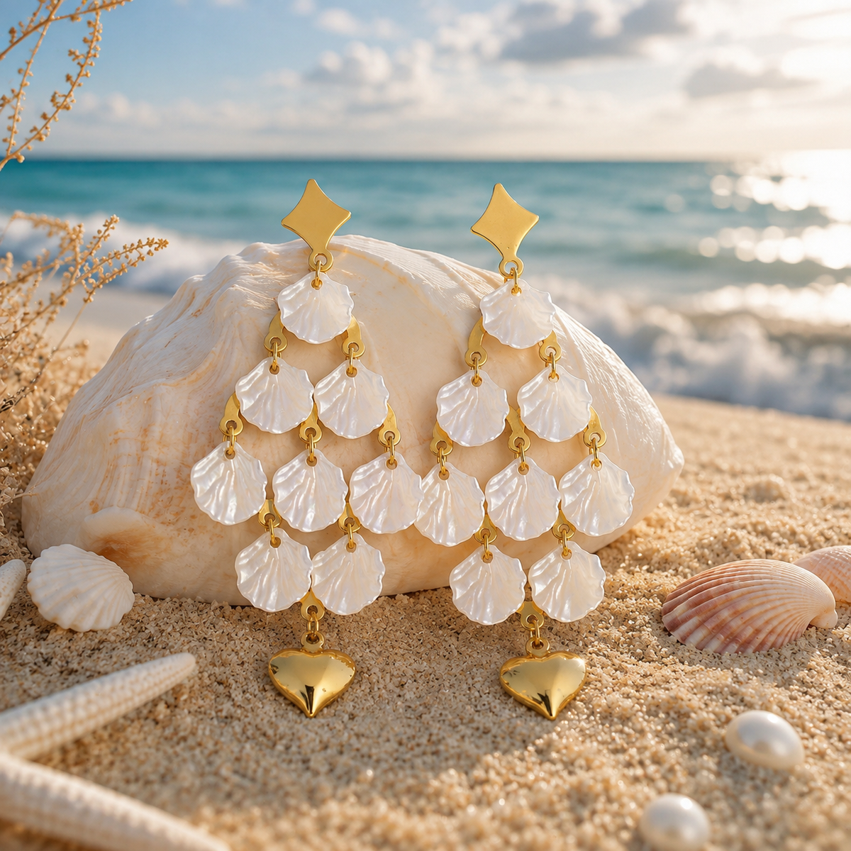 18K Gold Plated Anti-Tarnish Shell Chandelier Earrings with Heart Charm
