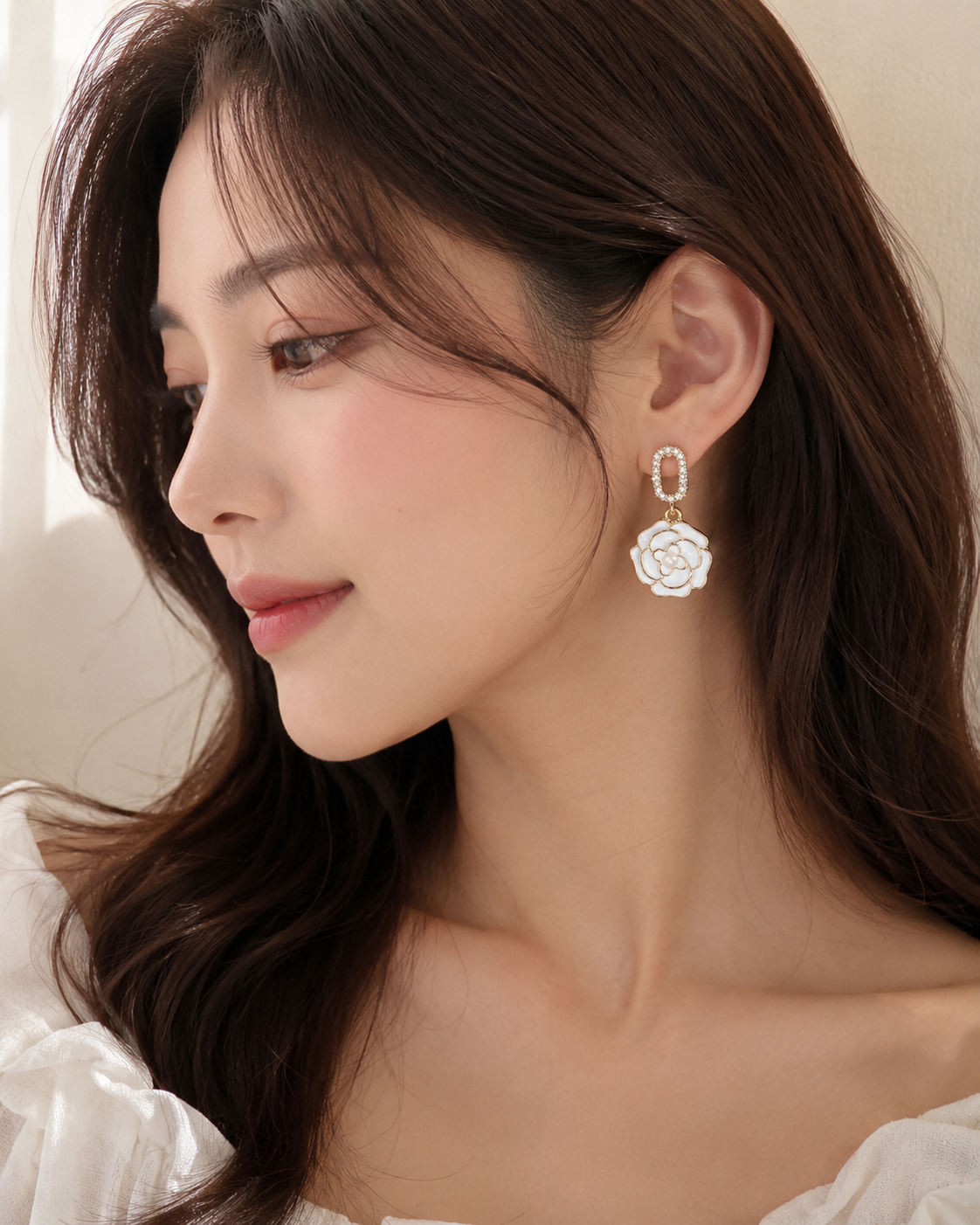Korean White Camellia Flower Drop Earrings