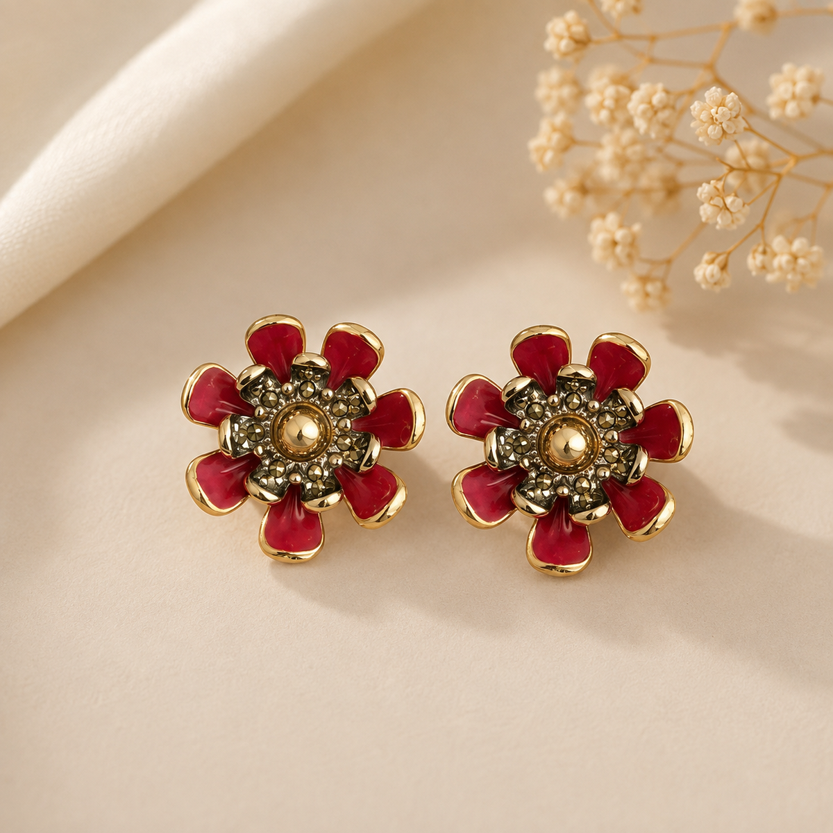 Korean Vintage Flower Earrings (Red)