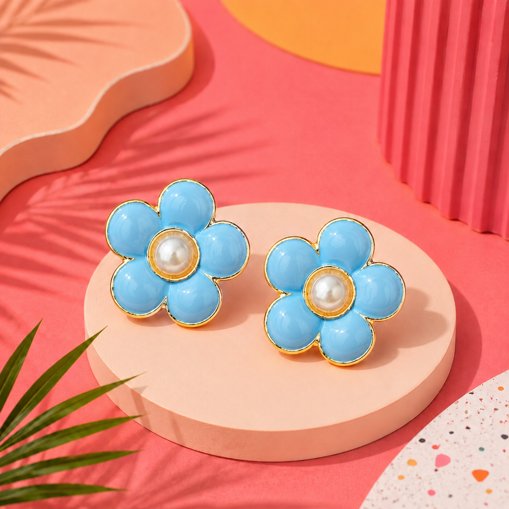 Crimson Bloom sky-blue Enamel Pearl Flower Stud Earrings