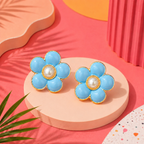 Crimson Bloom sky-blue Enamel Pearl Flower Stud Earrings