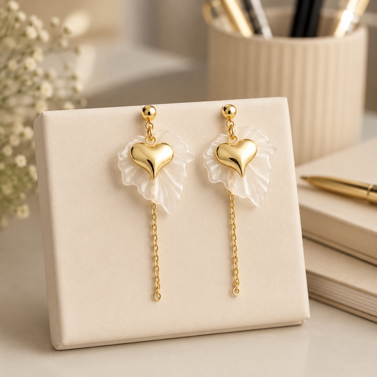 18K Gold Plated Anti-Tarnish Heart & Pearl Leaf Drop Earrings