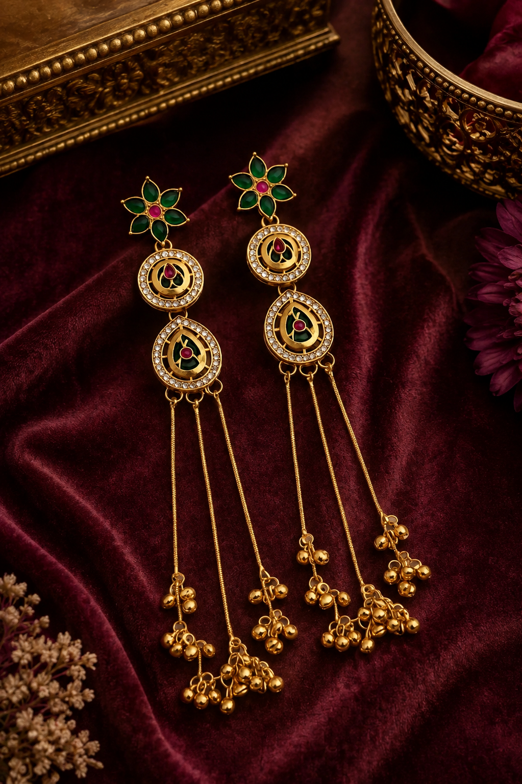 Royal Green Minakari Long Drop Earrings