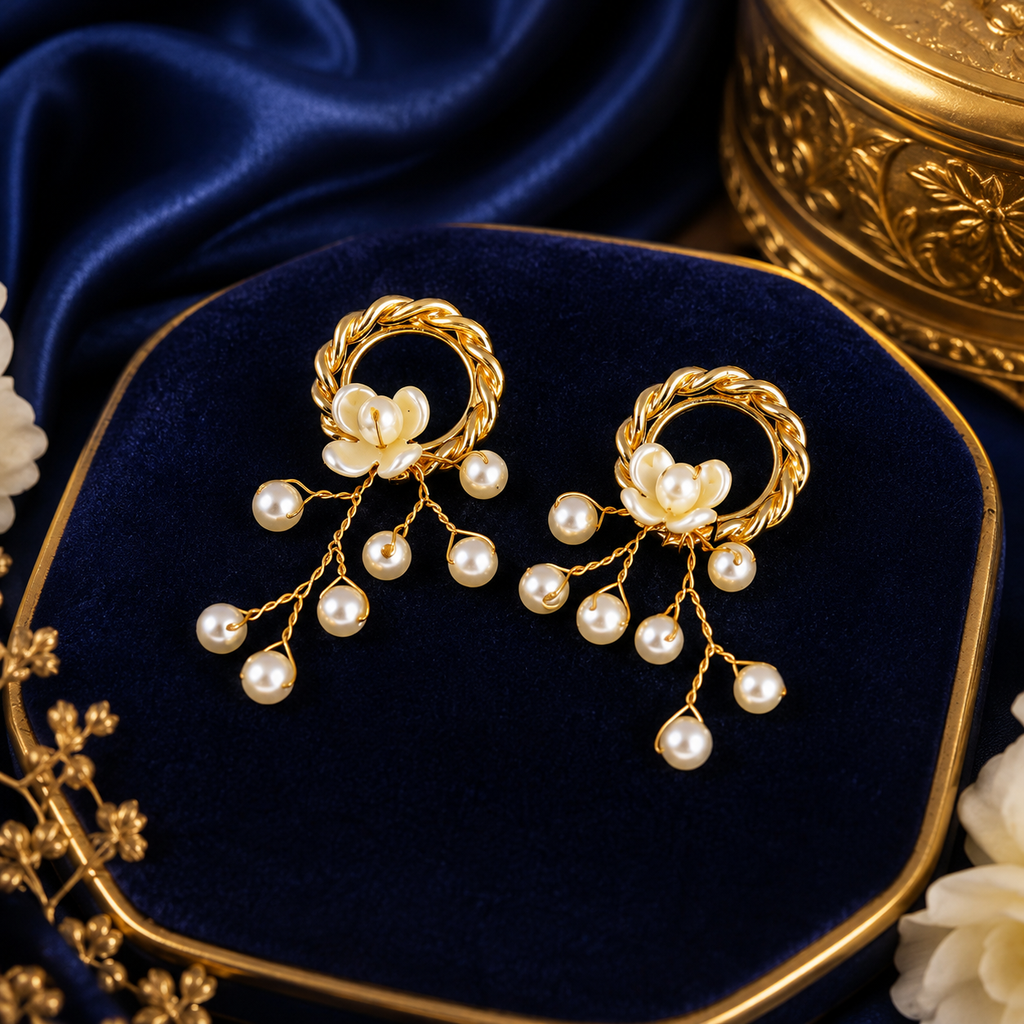 22K Gold Plated Anti-Tarnish Pearl Floral Hoop Drop Earrings