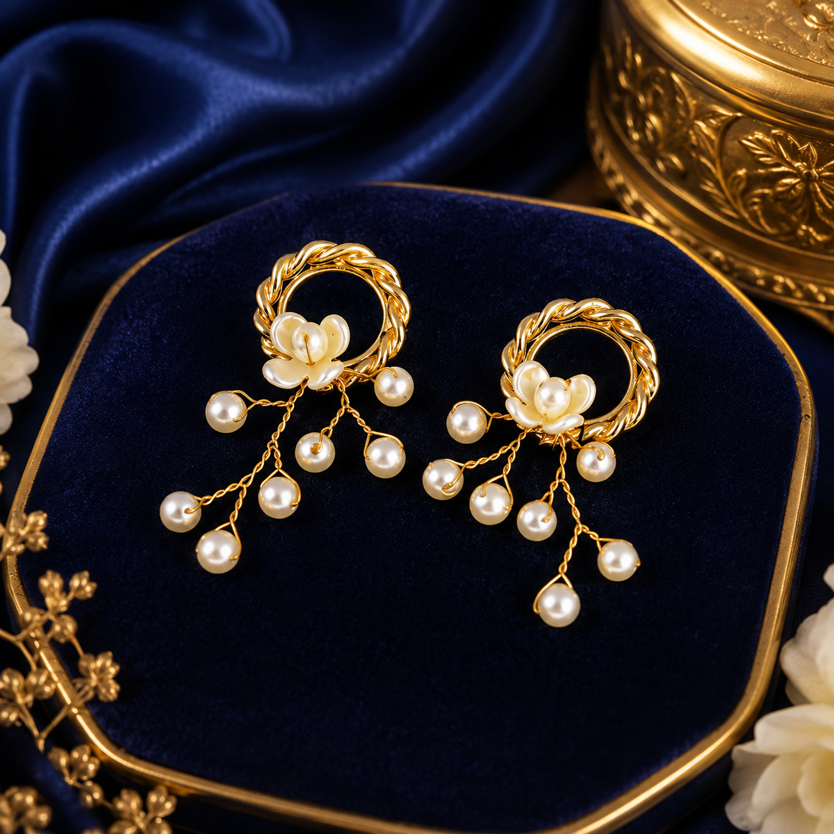 22K Gold Plated Anti-Tarnish Pearl Floral Hoop Drop Earrings