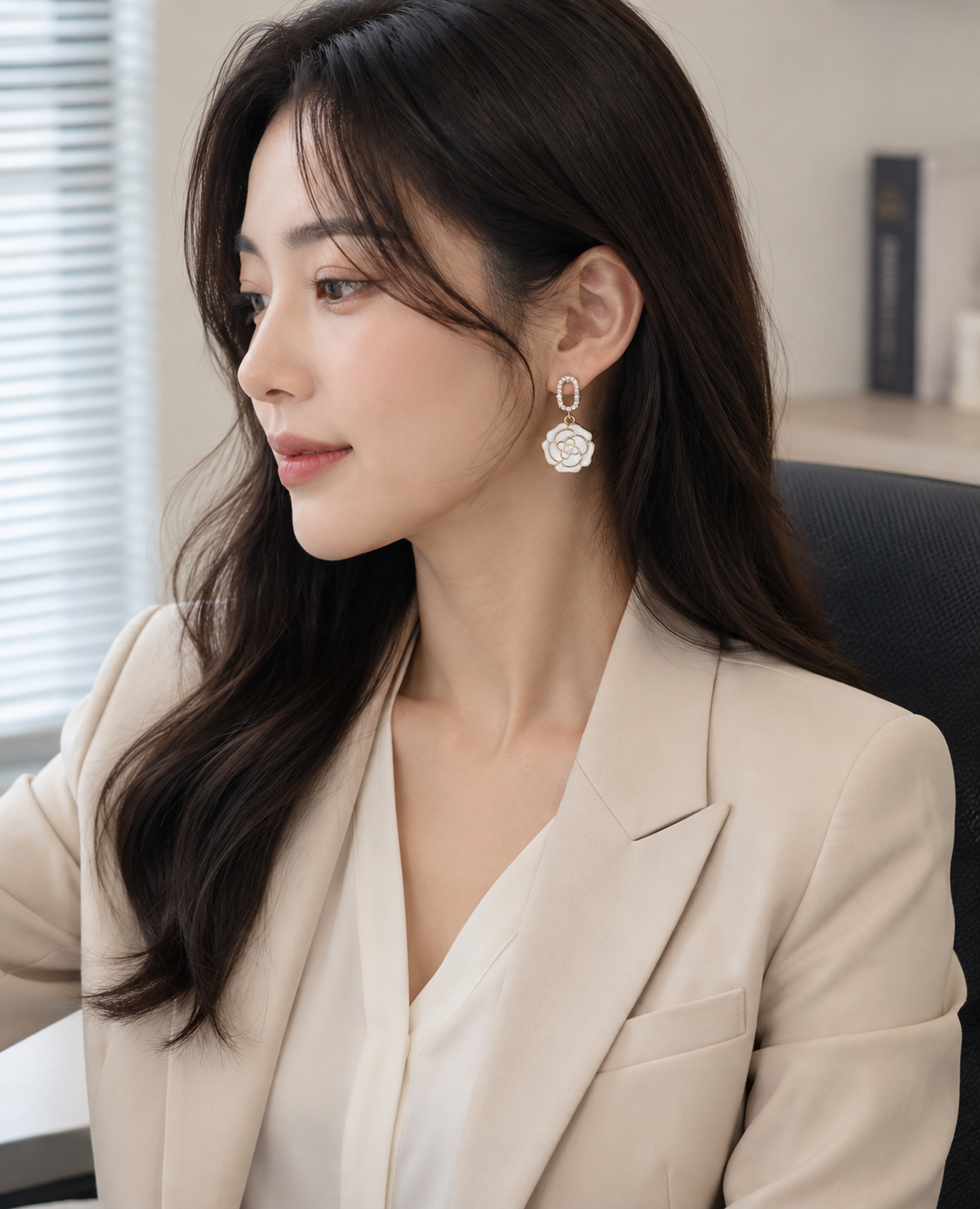 Korean White Camellia Flower Drop Earrings
