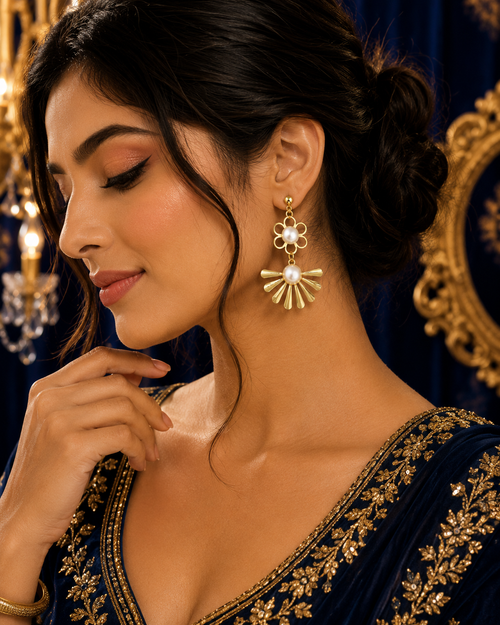 22K Gold Plated Anti-Tarnish Pearl Floral Drop Earrings