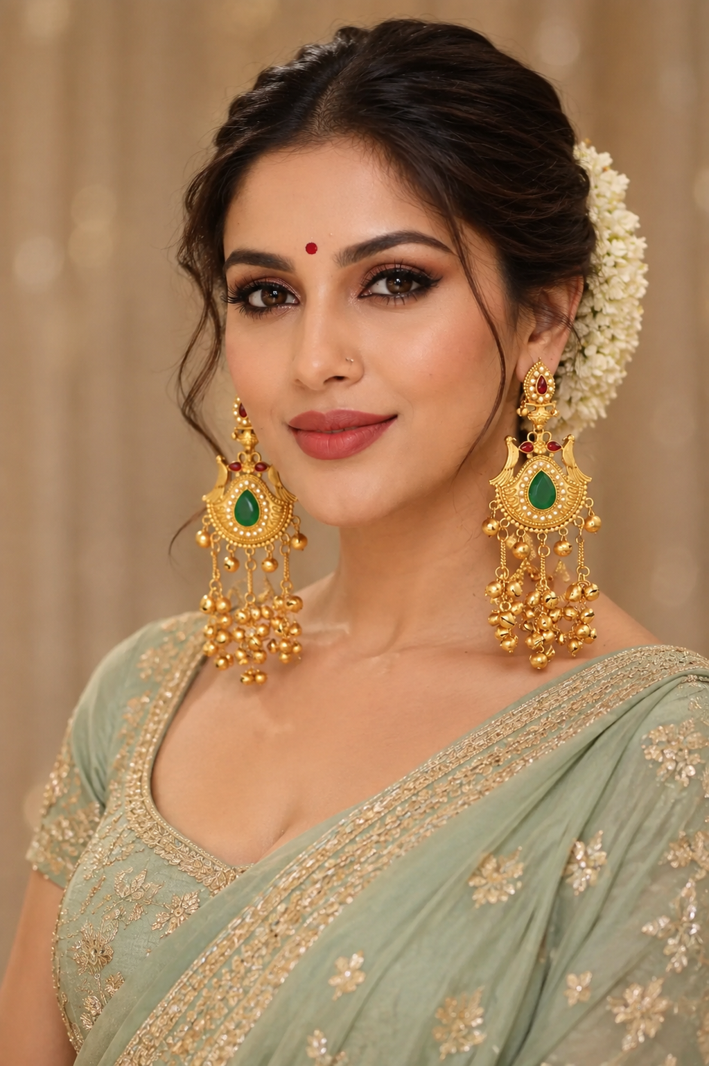 Emerald Peacock Ghungroo Chandbali Earrings
