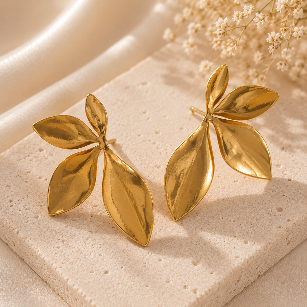 Golden Leaf Bloom Stud Earrings
