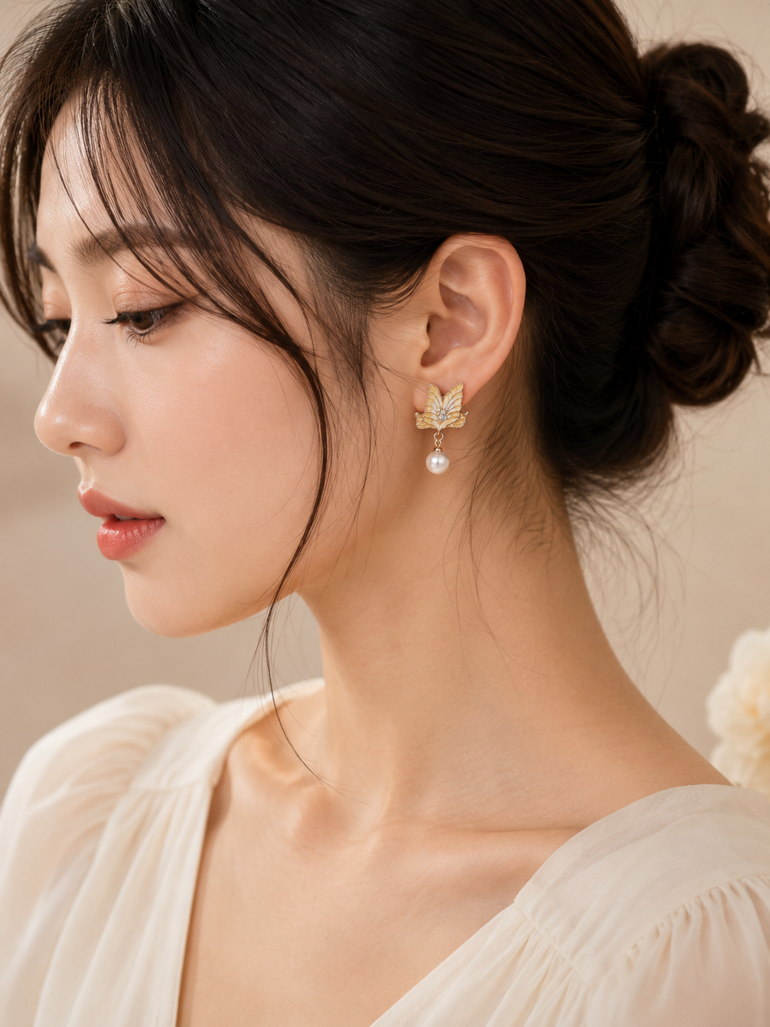 Golden Butterfly Pearl Drop Earrings