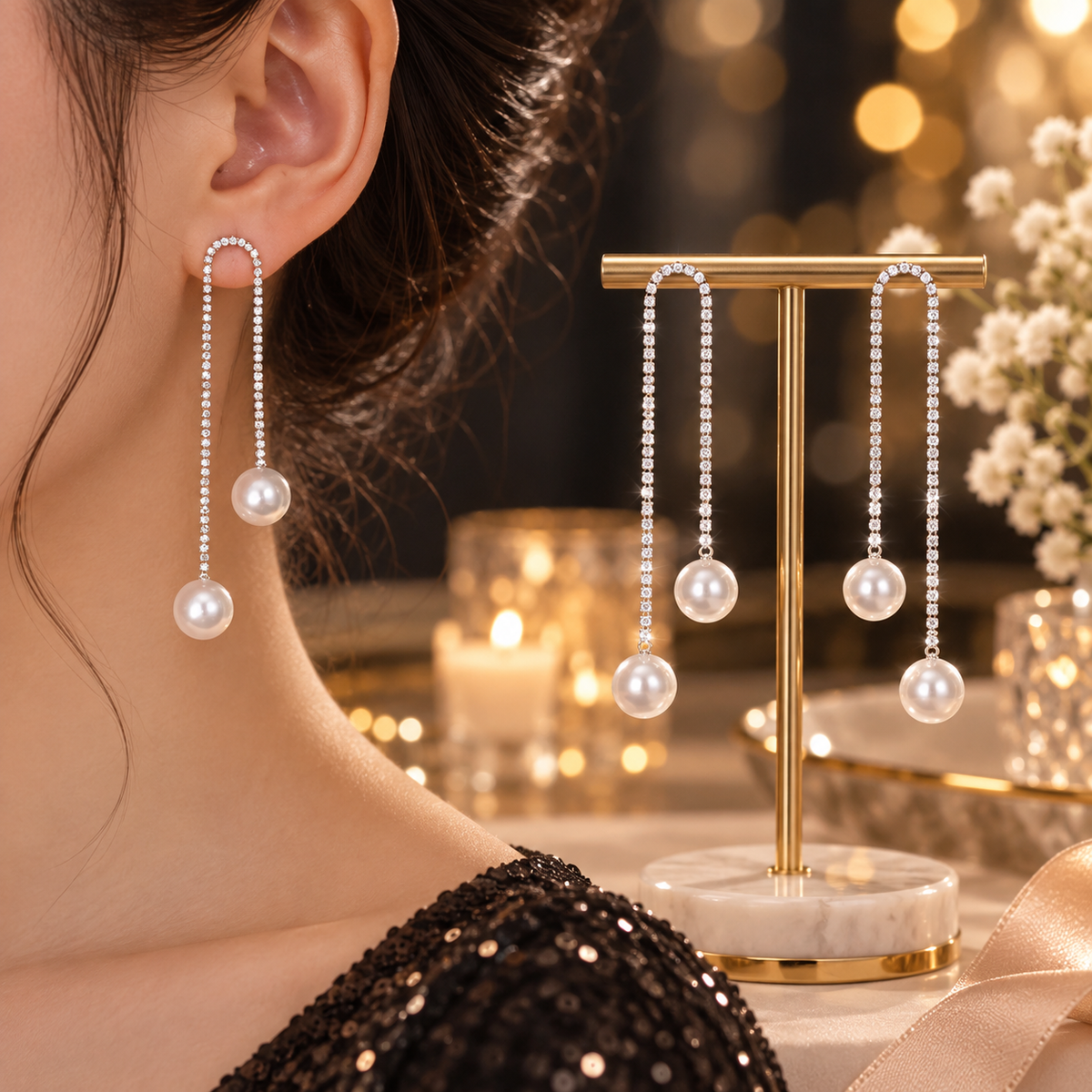 Long Sparkling Chain Earrings