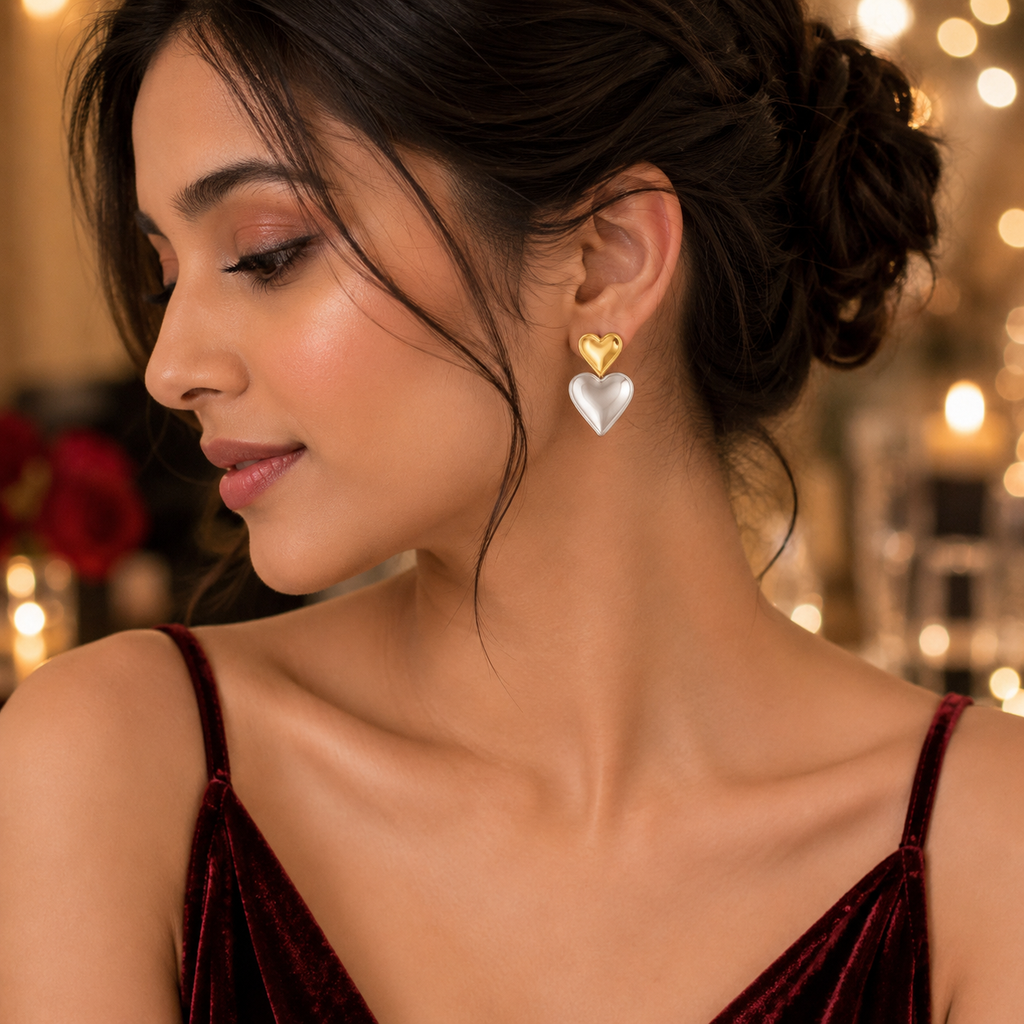 Two-Tone Heart Drop Earrings | Gold & Silver Heart Studs