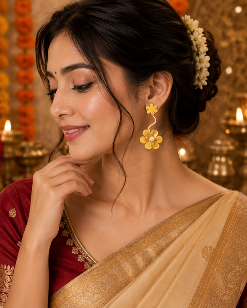 22K Gold Plated Floral Pearl Drop Earrings