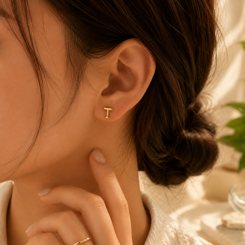 " T" Alphabet Gold Stud Earrings