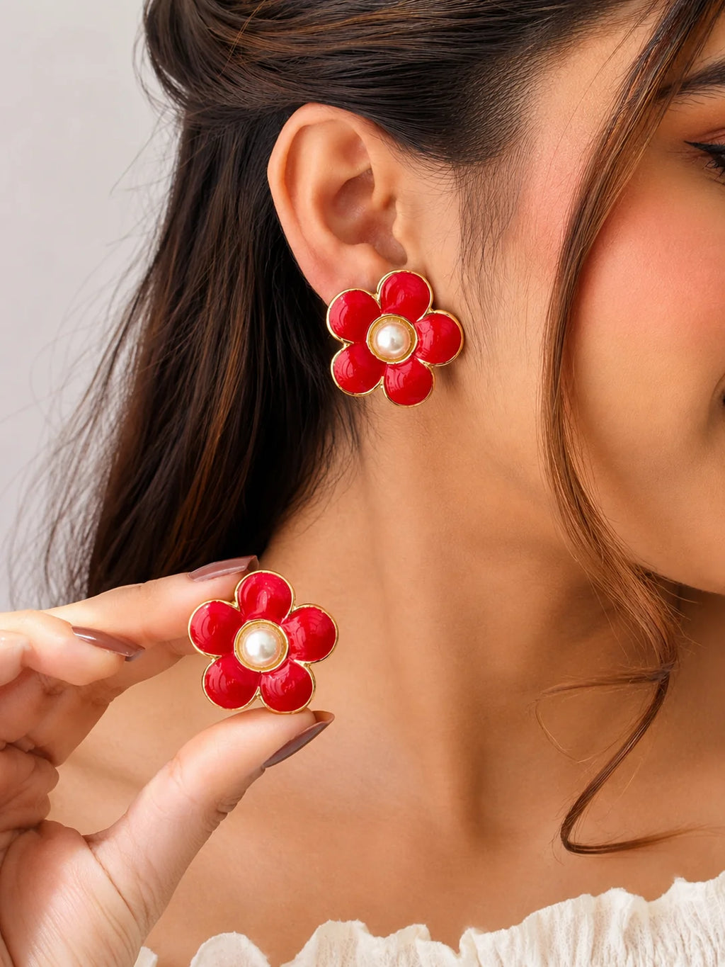 Crimson Bloom Red Enamel Pearl Flower Stud Earrings