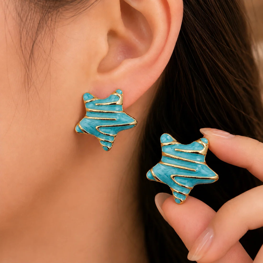 Turquoise Blue Enamel Statement Stud Earrings