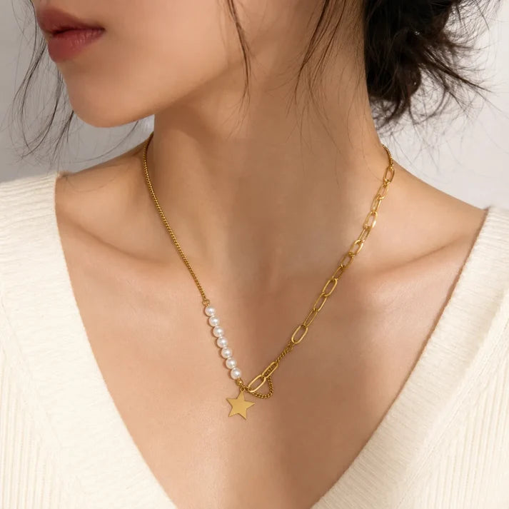 Pearl Star Asymmetrical Anti Tarnished Necklace for Women