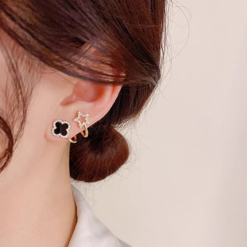 Black Clover & Star Crystal Open Hoop Earrings