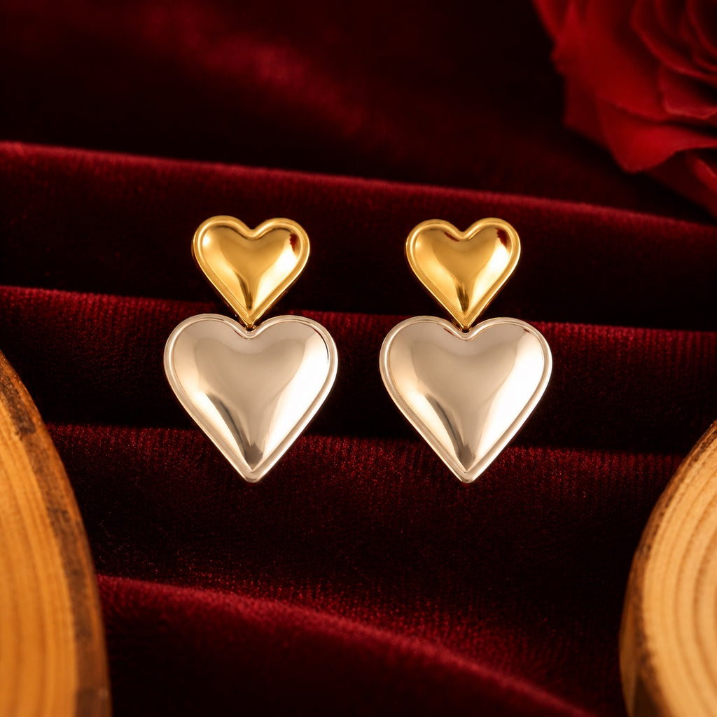 Two-Tone Heart Drop Earrings | Gold & Silver Heart Studs