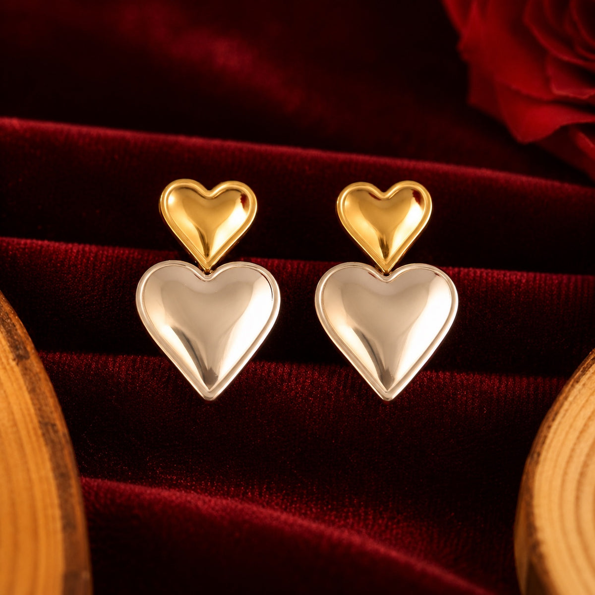 Two-Tone Heart Drop Earrings | Gold & Silver Heart Studs