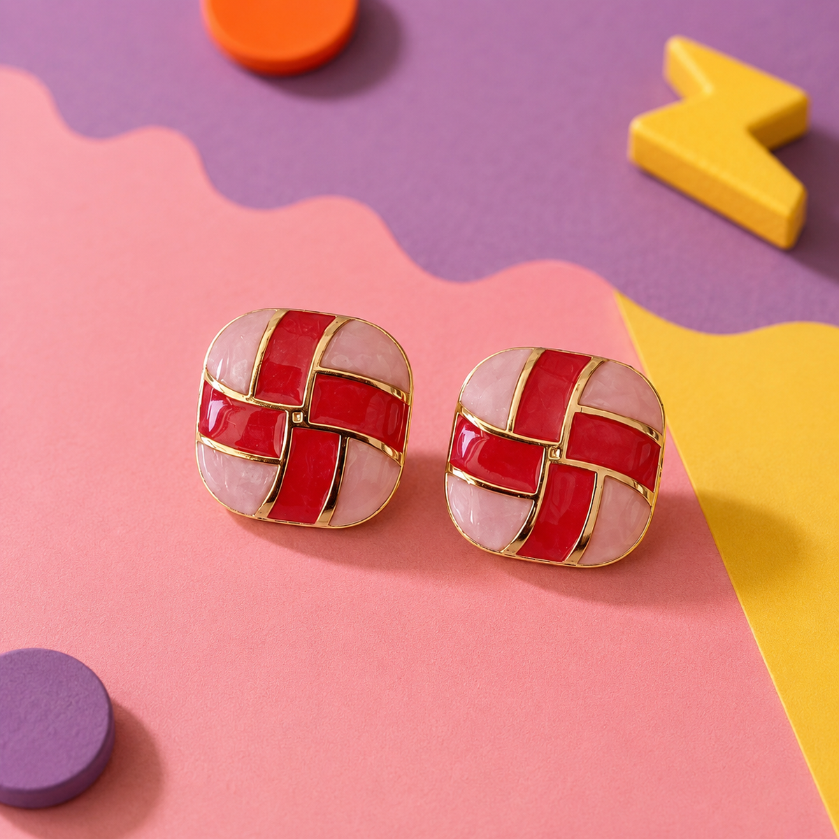 Red & Pink Enamel Geometric Design Stud Earrings