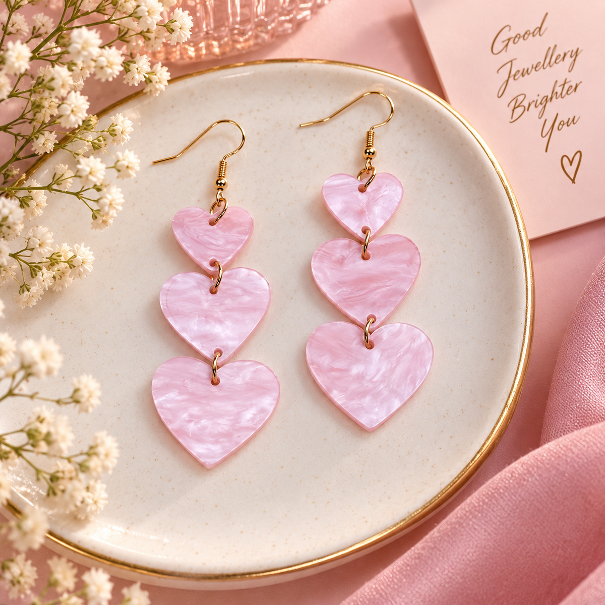 Pink Heart Korean Style Drop Earrings
