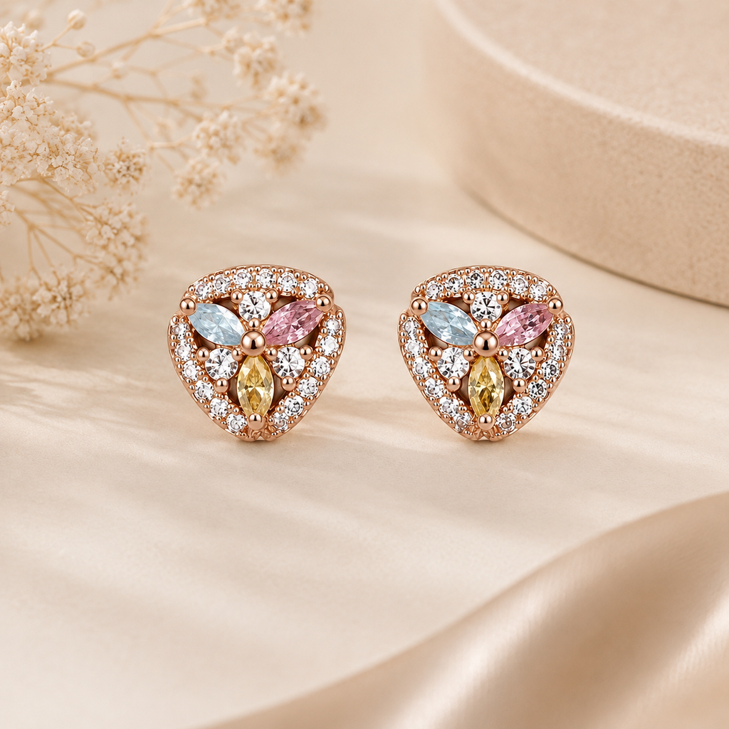 Multicolor CZ Floral Stud Earrings – Rose Gold Plated