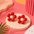 Crimson Bloom Red Enamel Pearl Flower Stud Earrings