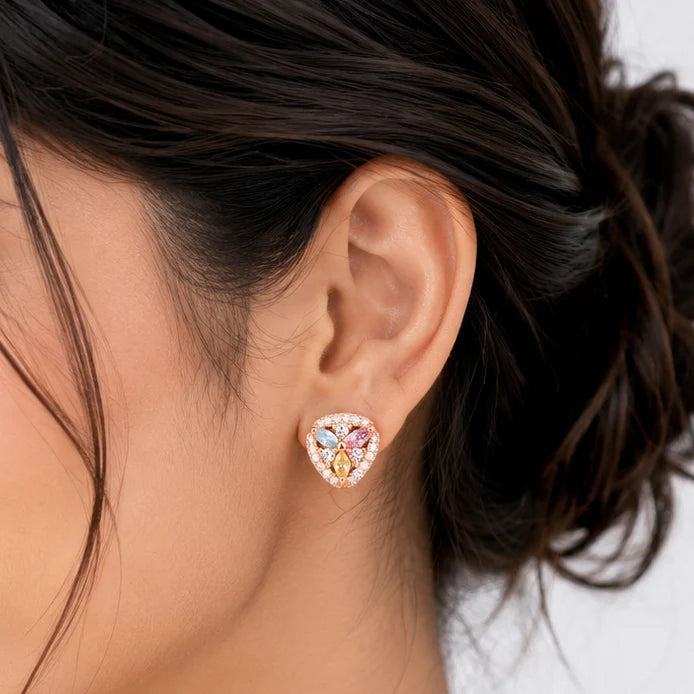 Multicolor CZ Floral Stud Earrings – Rose Gold Plated