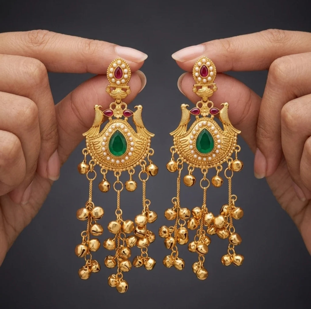 Emerald Peacock Ghungroo Chandbali Earrings