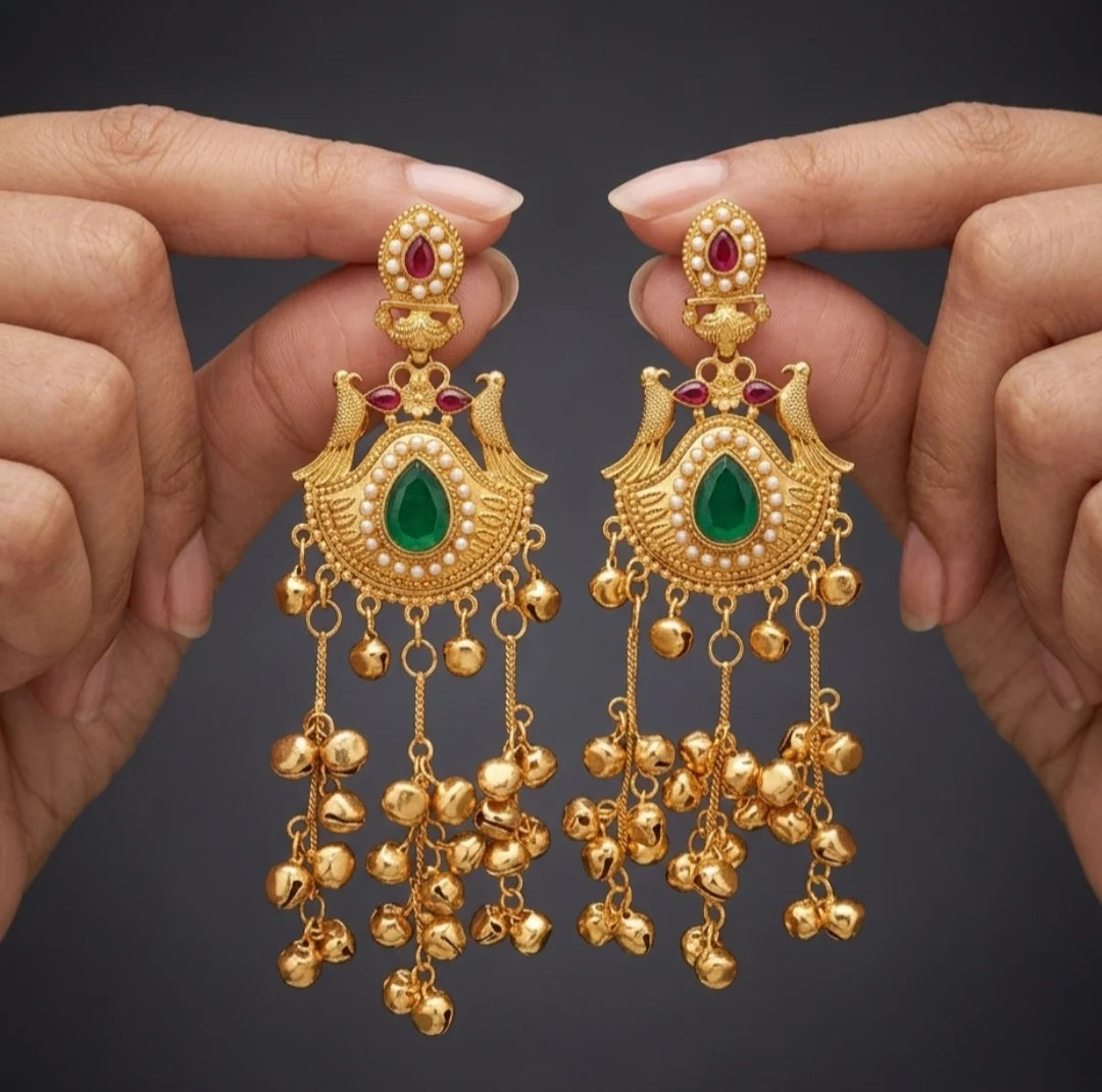Emerald Peacock Ghungroo Chandbali Earrings