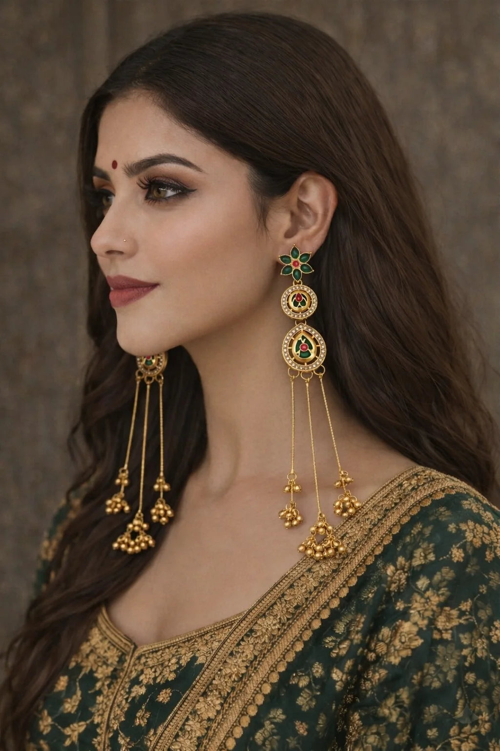Royal Green Minakari Long Drop Earrings