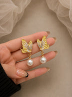 Golden Butterfly Pearl Drop Earrings