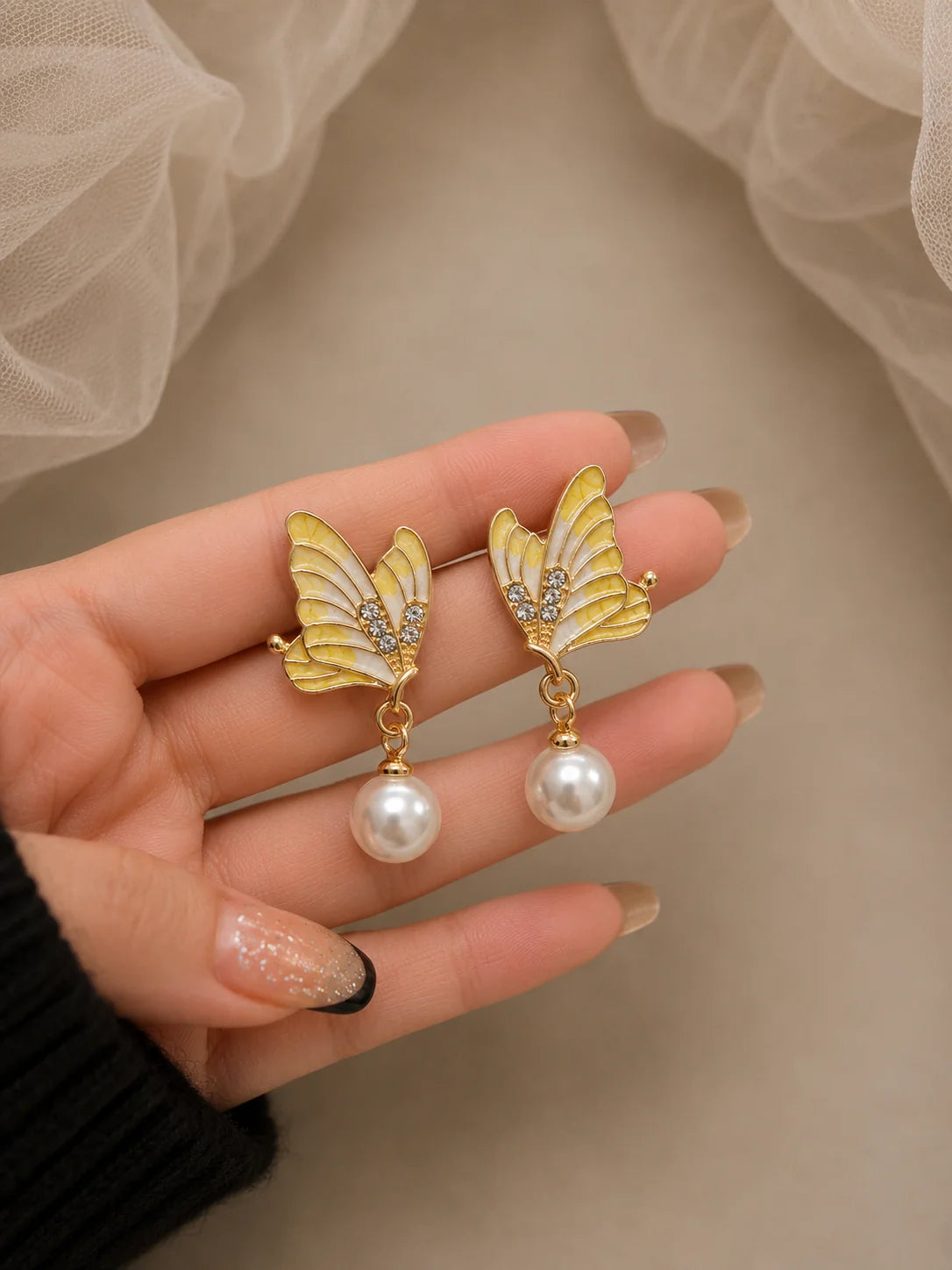 Golden Butterfly Pearl Drop Earrings
