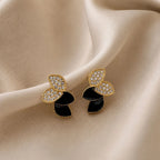 Korean-Inspired Black & Crystal Petal Stud Earrings