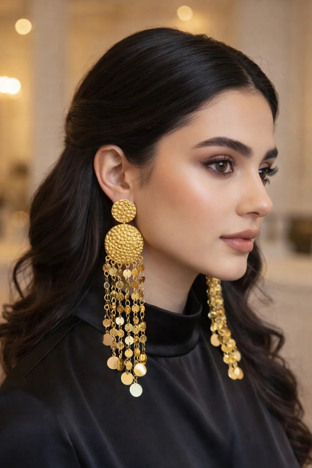 Golden Cascade Disc Statement Earrings