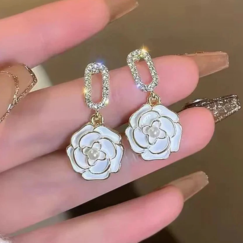 Korean White Camellia Flower Drop Earrings